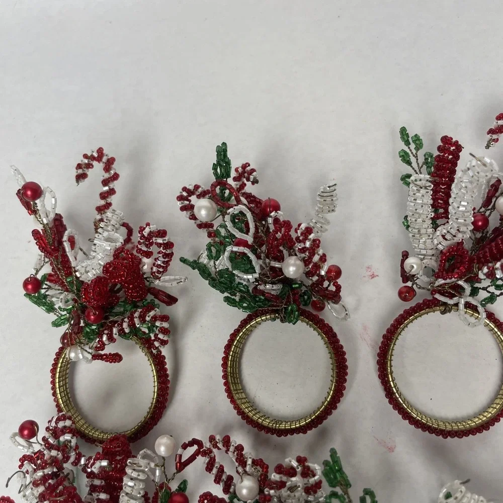 Beaded Holiday Christmas Napkin Ring Holders Set Of 6